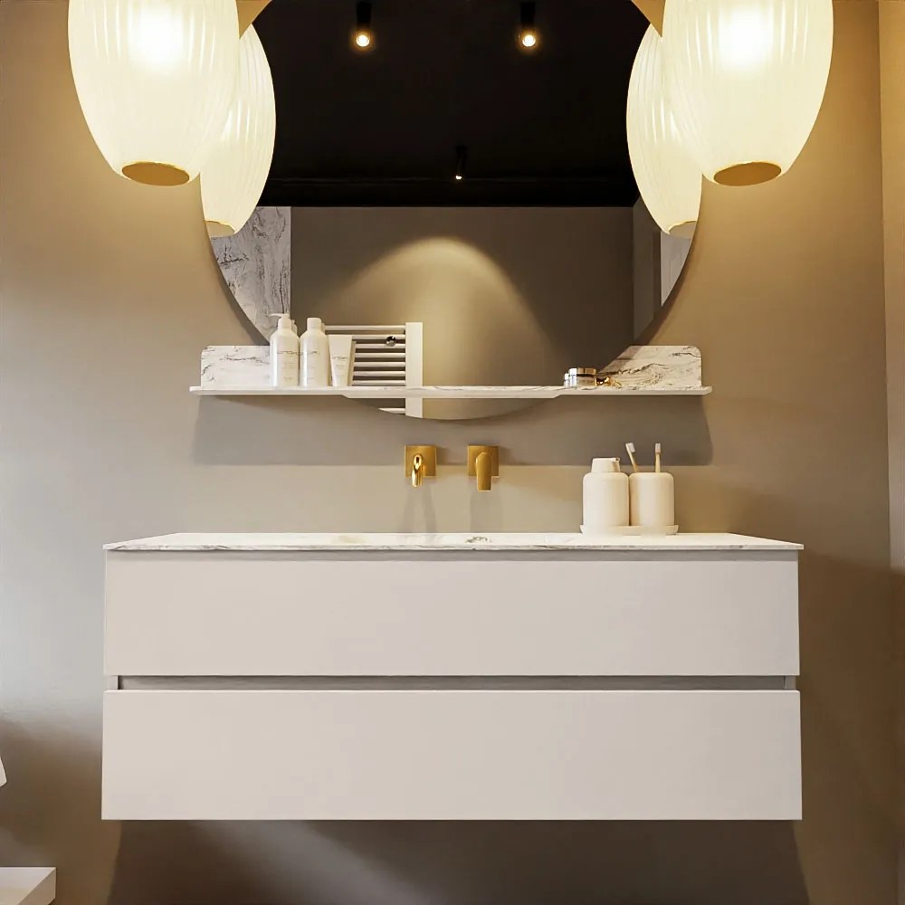 Mondiaz Vica DLux badmeubel 130cm linen 2 lades met wastafel glace midden zonder kraangat