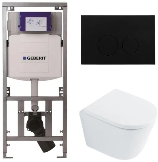 QeramiQ Dely Toiletset - 36.3x51.7cm - diepspoel - rimless - Geberit UP320 inbouwreservoir - met Burda frame - softclose toilet zitting 35 mm - kunststof mat zwarte bedieningsplaat - ronde knoppen - wit glans SW1026255 / SW1159505/0701131/SW706188