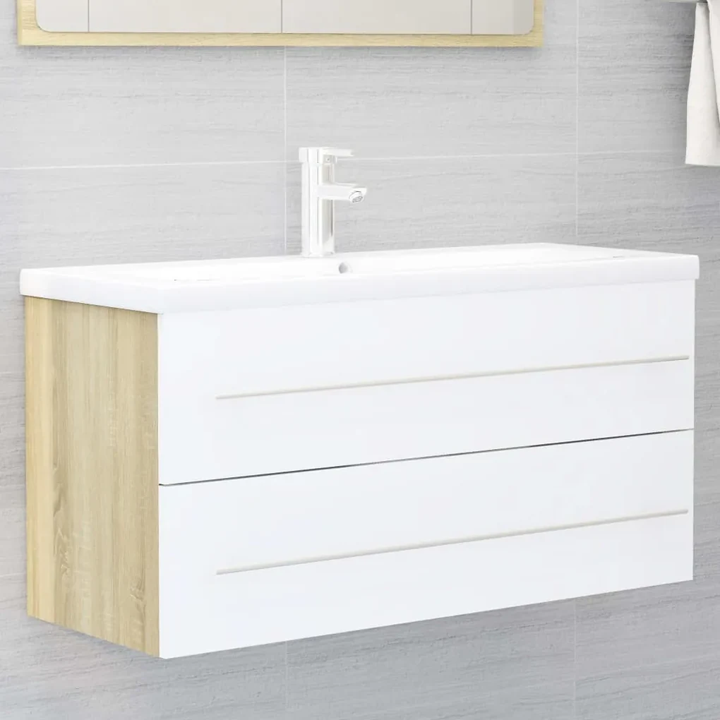 vidaXL Wastafelkast 100x38,5x48 cm spaanplaat wit sonoma eikenkleurig