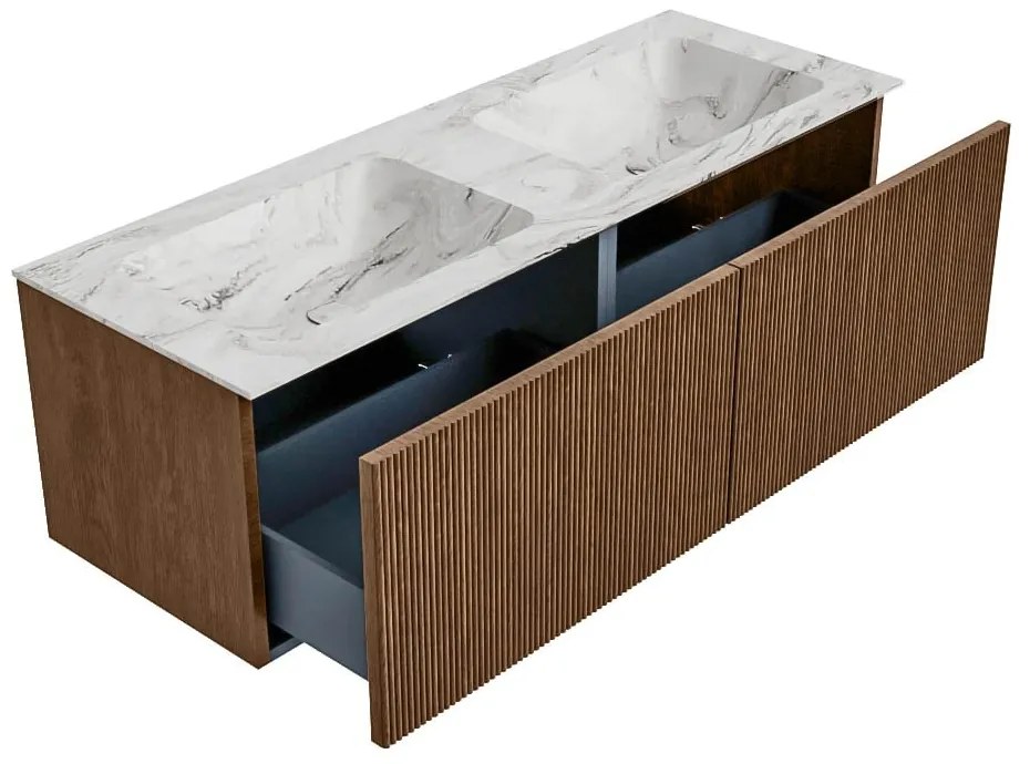 Mondiaz Kurve-dlux 130cm badmeubel walnut met 2 lades en wastafel leaf dubbel 2 kraangaten glace