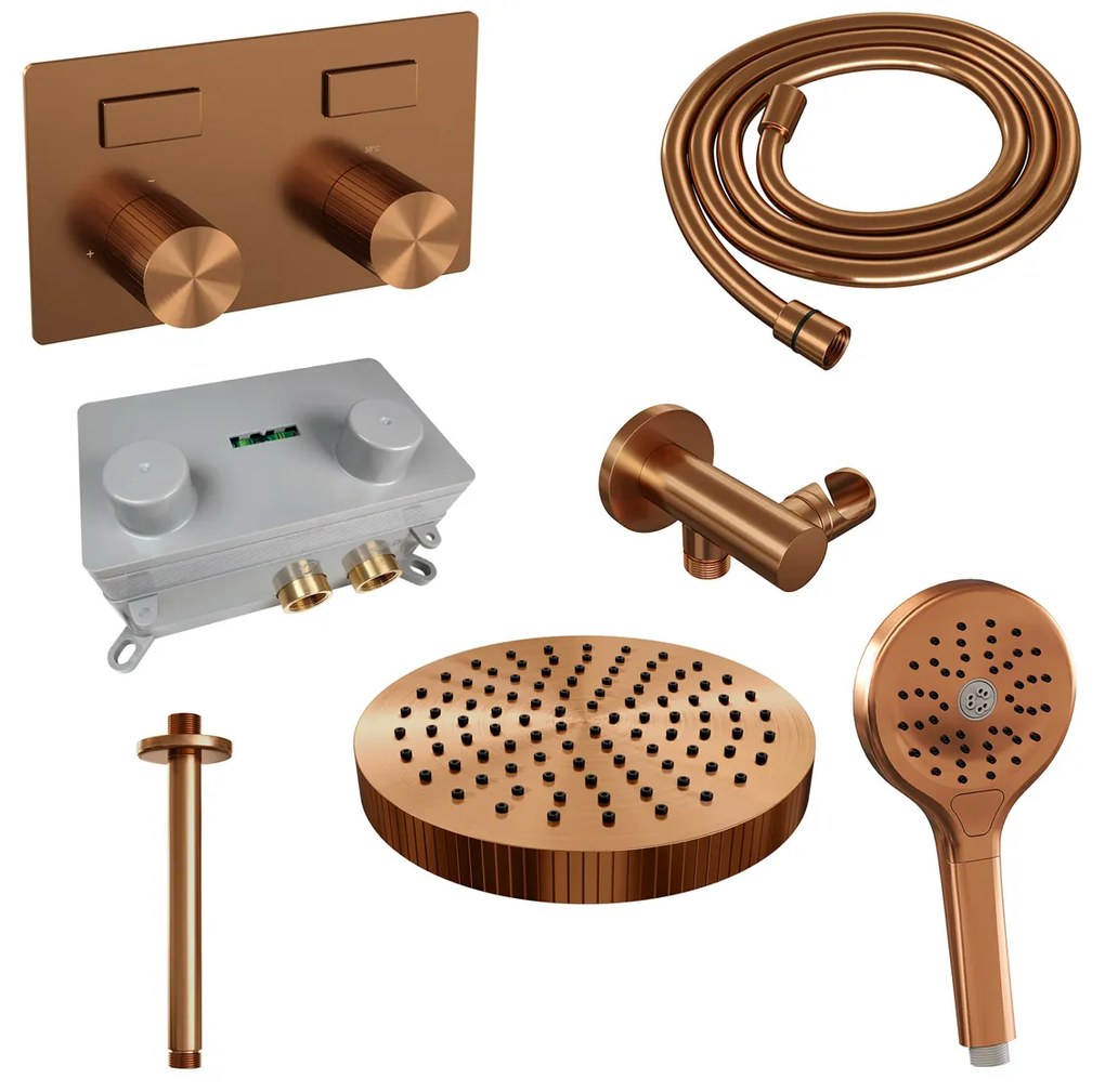 Brauer Stripe inbouw regendouche met 25cm hoofddouche, plafondarm en 3 standen handdouche set 30 koper geborsteld PVD
