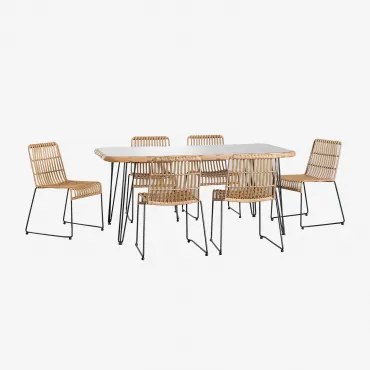 Rechthoekige Tafelset Van Synthetisch Riet (180x90 Cm) Leribert En 6 Eetkamerstoelen Van Synthetisch Rotan Aroa Natuurlijk - Sklum