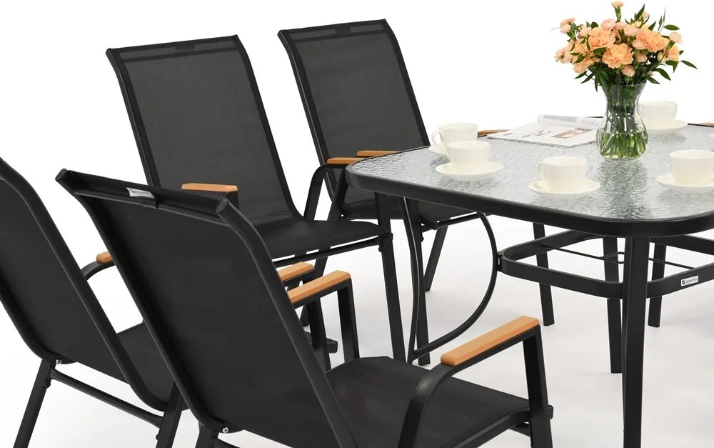 Modena/Bitonto Wood zwart metalen tuinset voor 8 personen met Garden Point vierkante tafel