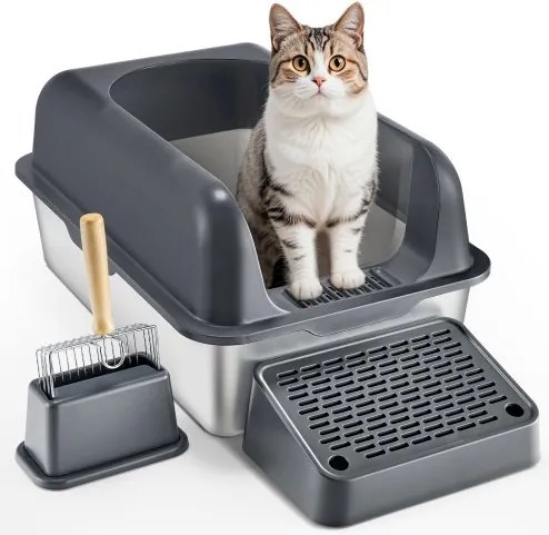 VEVOR kattenbak, 152,4 mm diep, extra grote kattenbak van roestvrij staal met schepje, brede filterbodem en hoge rand, geurvrije bak voor katten, 60 x 40 x 30 cm, donkergrijs