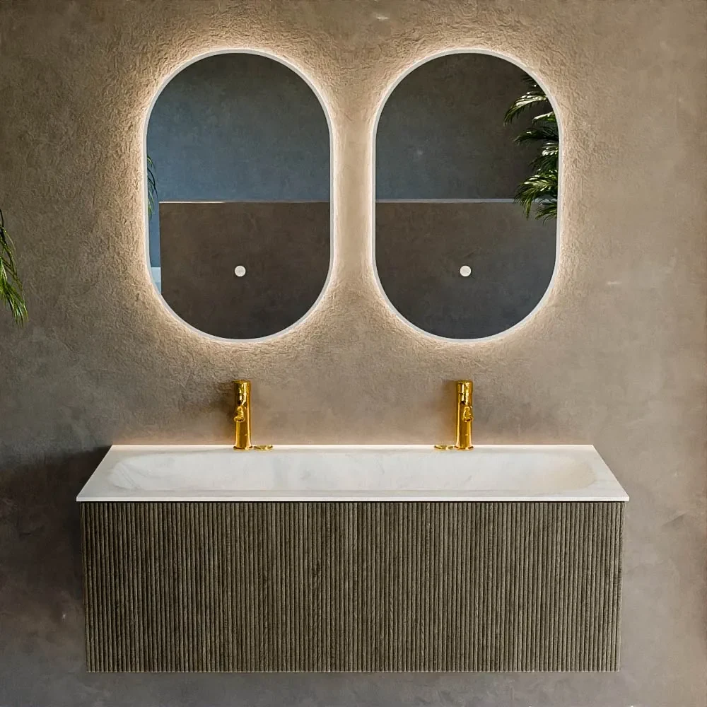 Mondiaz Kurve-dlux 120cm badmeubel shadow met 1 lade en wastafel big large midden 2 kraangaten opalo