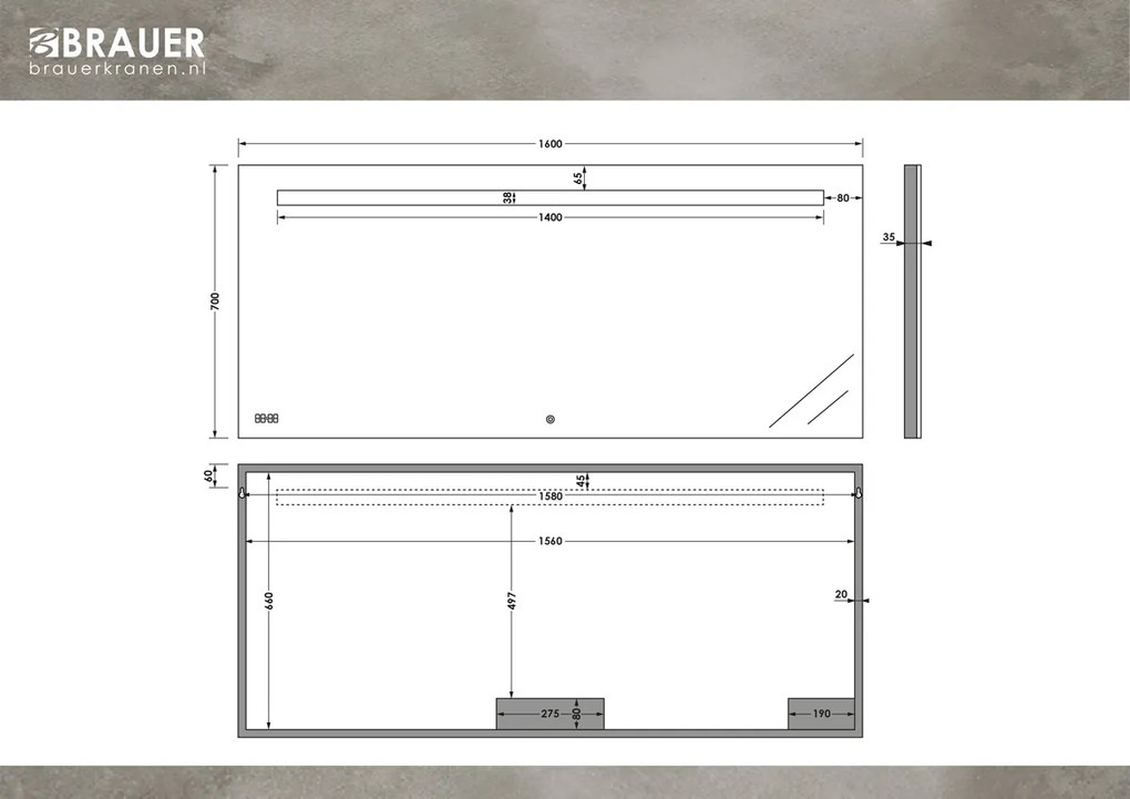 Brauer Quartz rechthoekige spiegel met verlichting 160x70cm