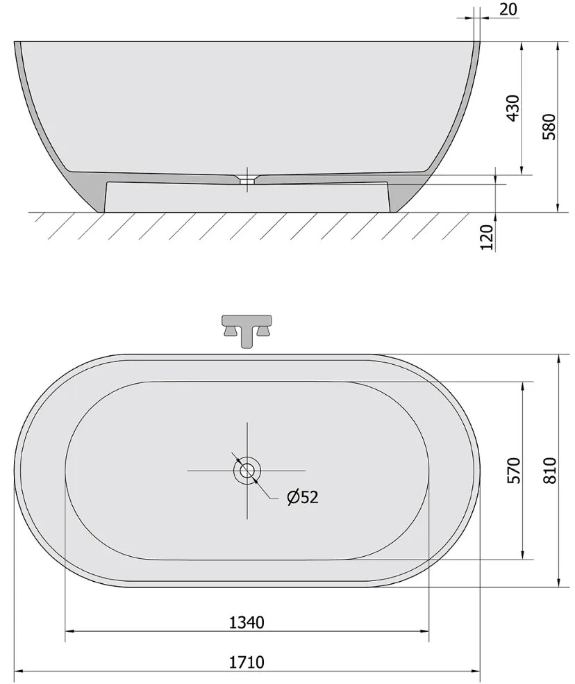 Polysan Reduta vrijstaand bad grijs mat mineraalmarmer 170x80cm