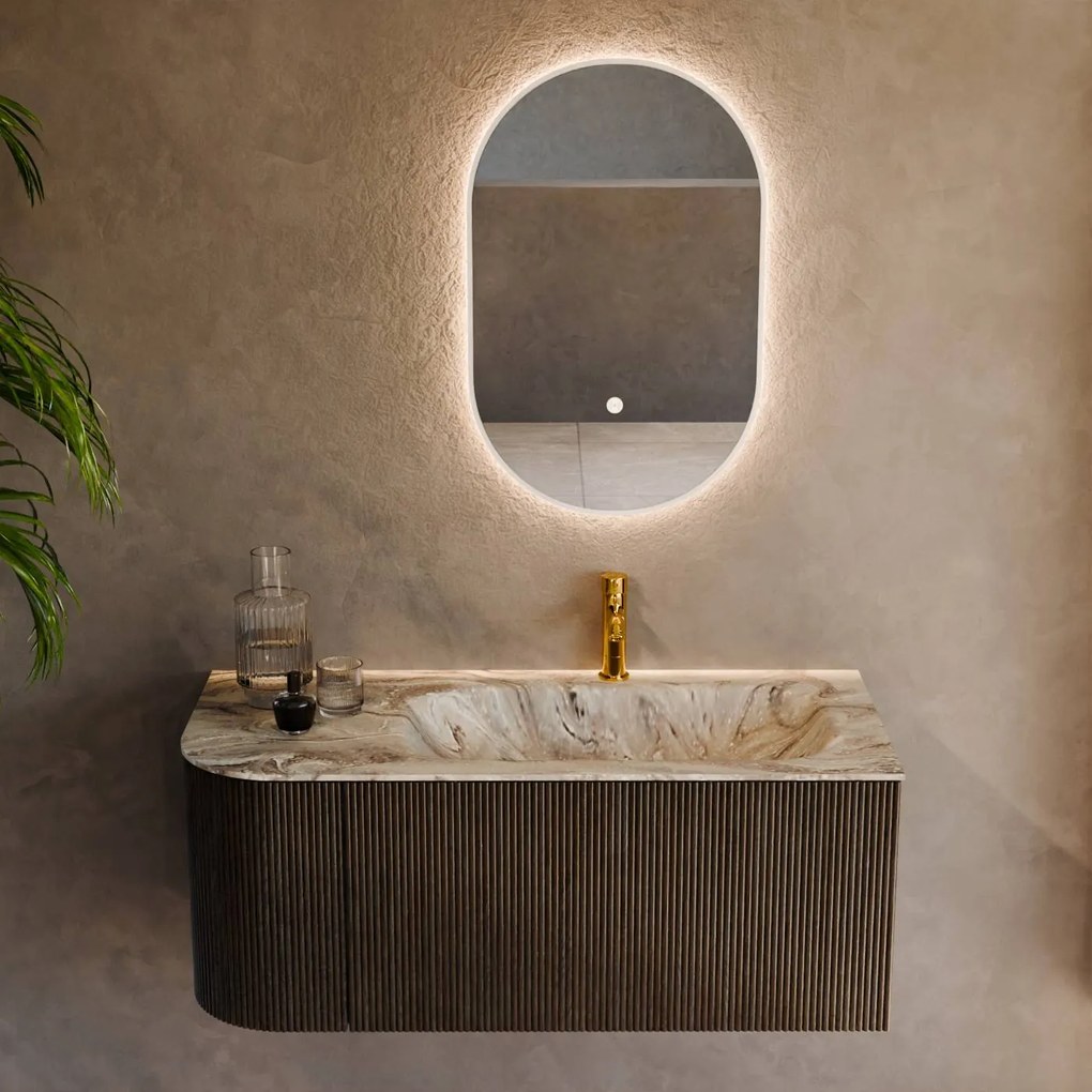 Mondiaz Kurve-dlux 105cm badmeubel ronding links shadow met 1 lade en deur en wastafel big small kraangat rechts glace