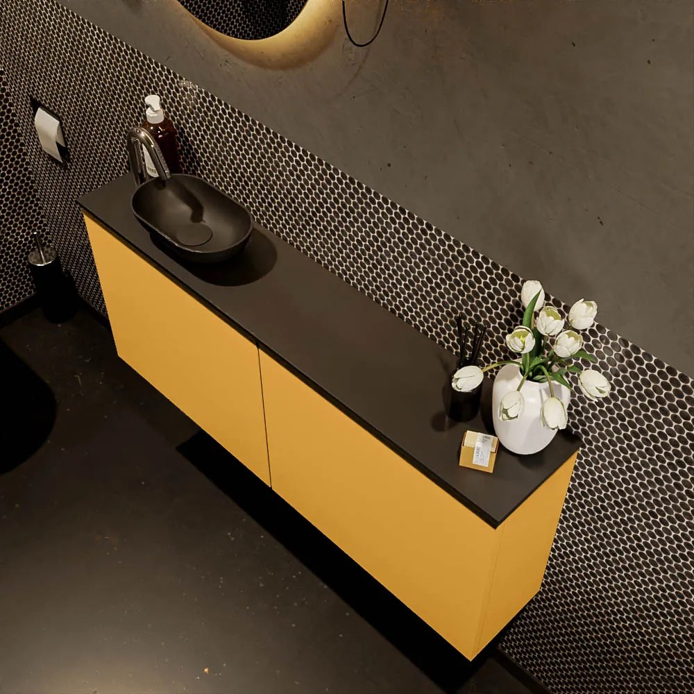 Mondiaz Fowy toiletmeubel 120cm ocher met zwarte waskom links en kraangat