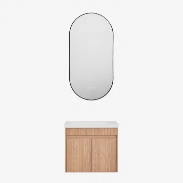 Narek Zwevend Houten Badkamermeubelset Met Geïntegreerde Wastafel Ash Brown & Ovale Led En Anticondens Zwart 50x100 Cm Asteiro & Zonder Kraan - Sklum