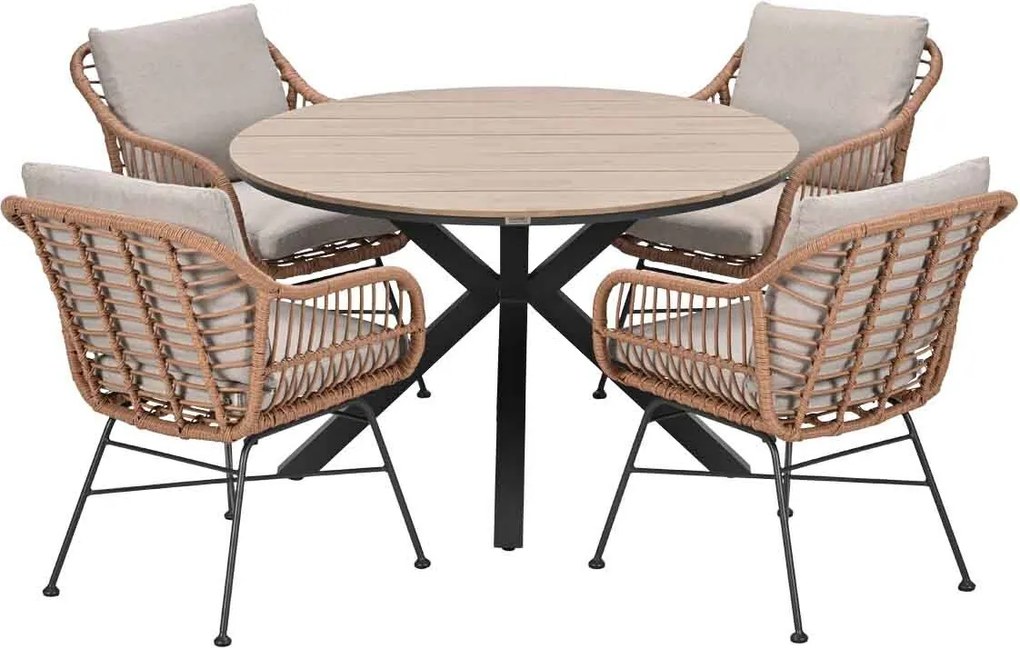 Garden Impressions Lucas tuinset bruin 5-delig - Tulli tuintafel light teak look Ø122 cm