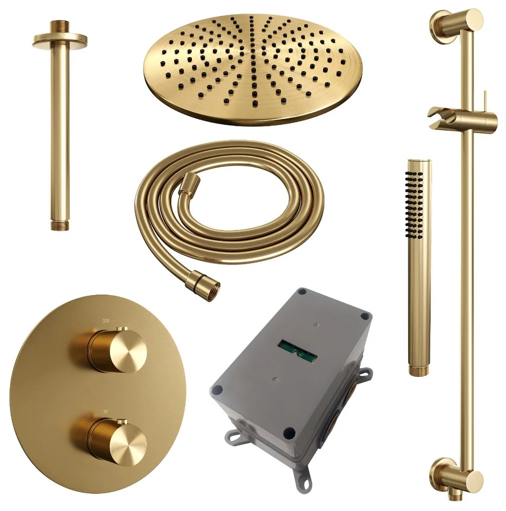 Brauer Gold Edition thermostatische inbouw regendouche met staafhanddouche, plafondarm, glijstang en hoofddouche 30cm set 90 messing geborsteld PVD