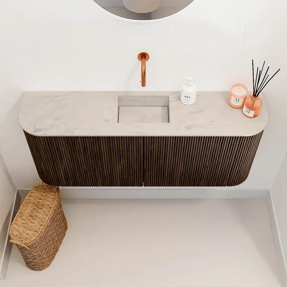 Mondiaz Joya DLux 105cm toiletmeubel ronding links/rechts walnut met wastafel faye midden zonder kraangat opalo