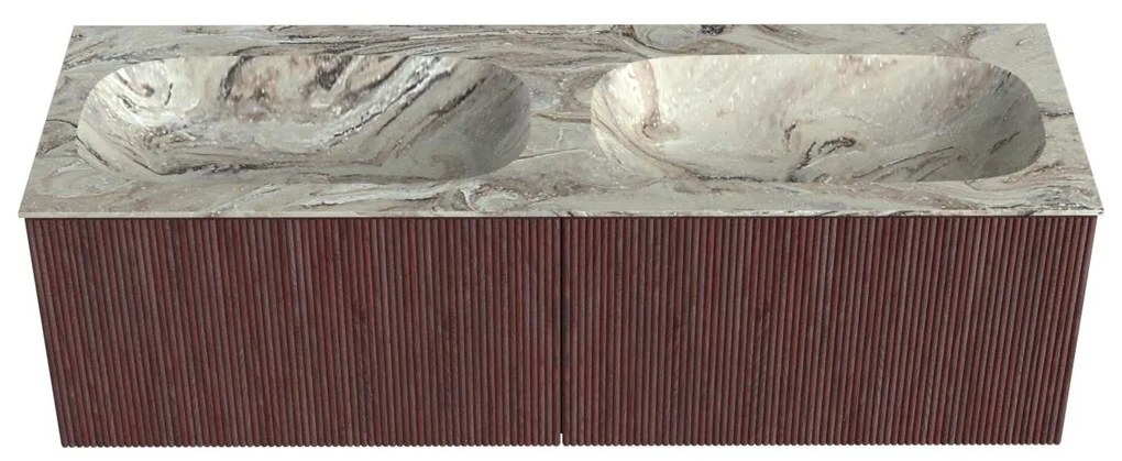 Mondiaz Kurve-dlux 140cm badmeubel ruby met 2 lades en wastafel stor small dubbel zonder kraangat glace