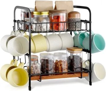 VEVOR Coffee Bar Organizer bekerhouder met 2 lagen multifunctionele bekerhouder en koffiestation, 12 verplaatsbare haken en 2 planken voor het opbergen en tentoonstellen van koffie-accessoires (zwart)