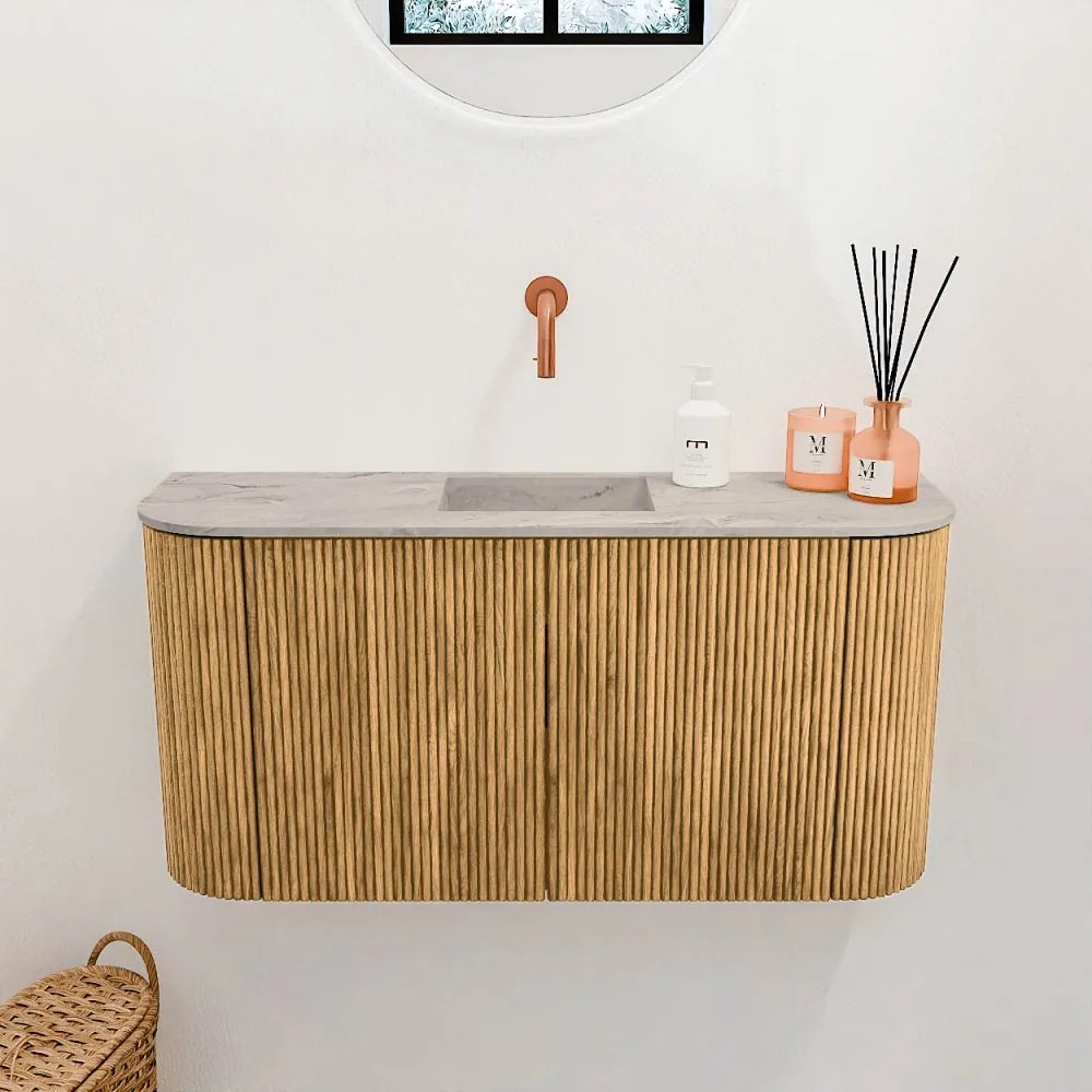 Mondiaz Joya DLux 85cm toiletmeubel ronding links/rechts oak met wastafel faye midden zonder kraangat glace