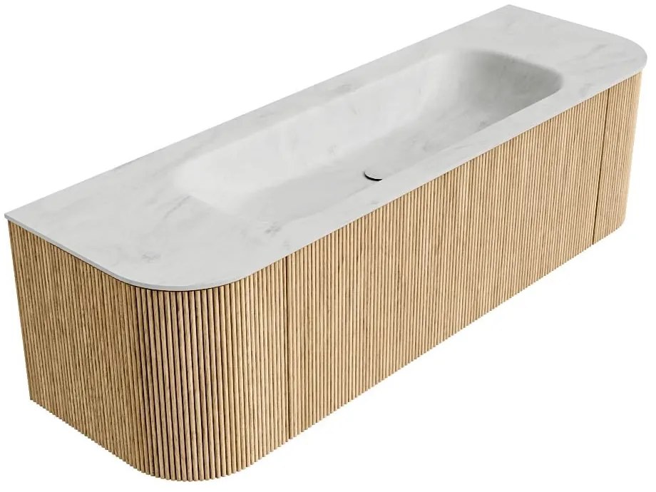 Mondiaz Kurve-dlux 150cm badmeubel ronding links/rechts oak met 1 lade en 2 deuren en wastafel big medium midden zonder kraangat opalo