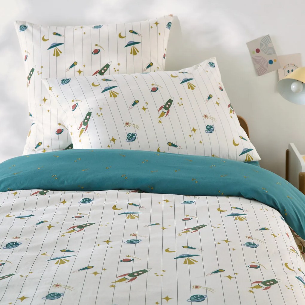Kinderdekbedovertrek, 30% gerecycled gewassen katoen, raketprint, EGOR