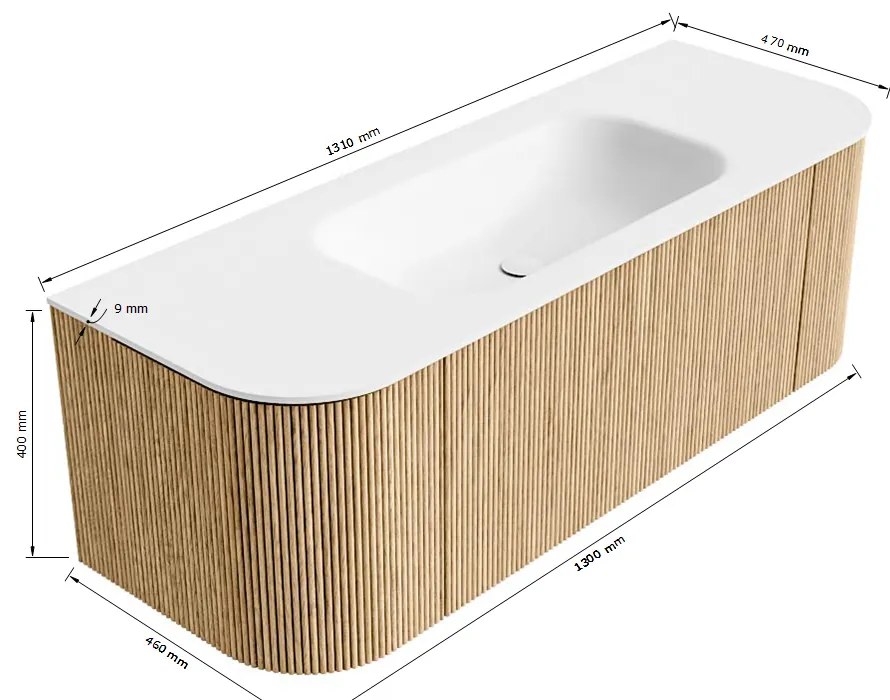 Mondiaz Kurve 130cm badmeubel ronding links/rechts oak met 1 lade en 2 deuren en wastafel big small midden zonder kraangat