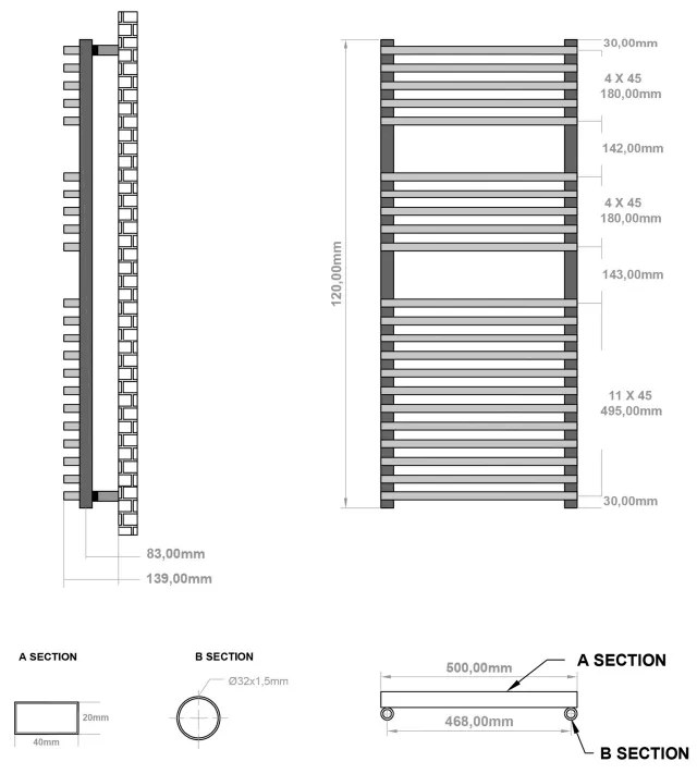 Eastbrook Rowsham handdoekradiator 50x120cm 869W wit mat