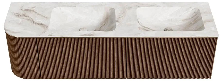 Mondiaz Kurve-dlux 155cm badmeubel ronding links walnut met 2 lades en 1 deur en wastafel leaf dubbel/rechts zonder kraangat frappe