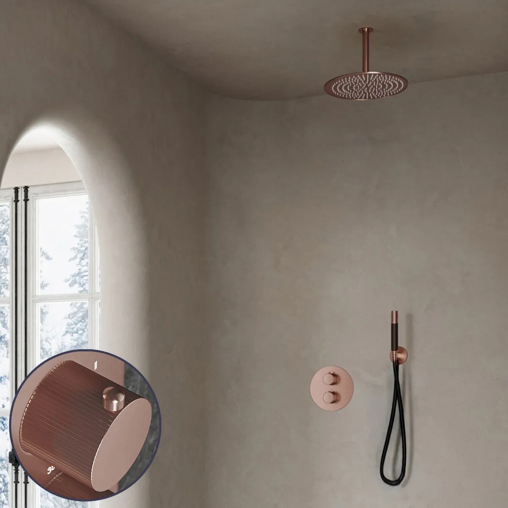 Saniclear Copper Stripes Pro inbouw regendouche rond met 30cm hoofddouche en plafondarm geborsteld koper