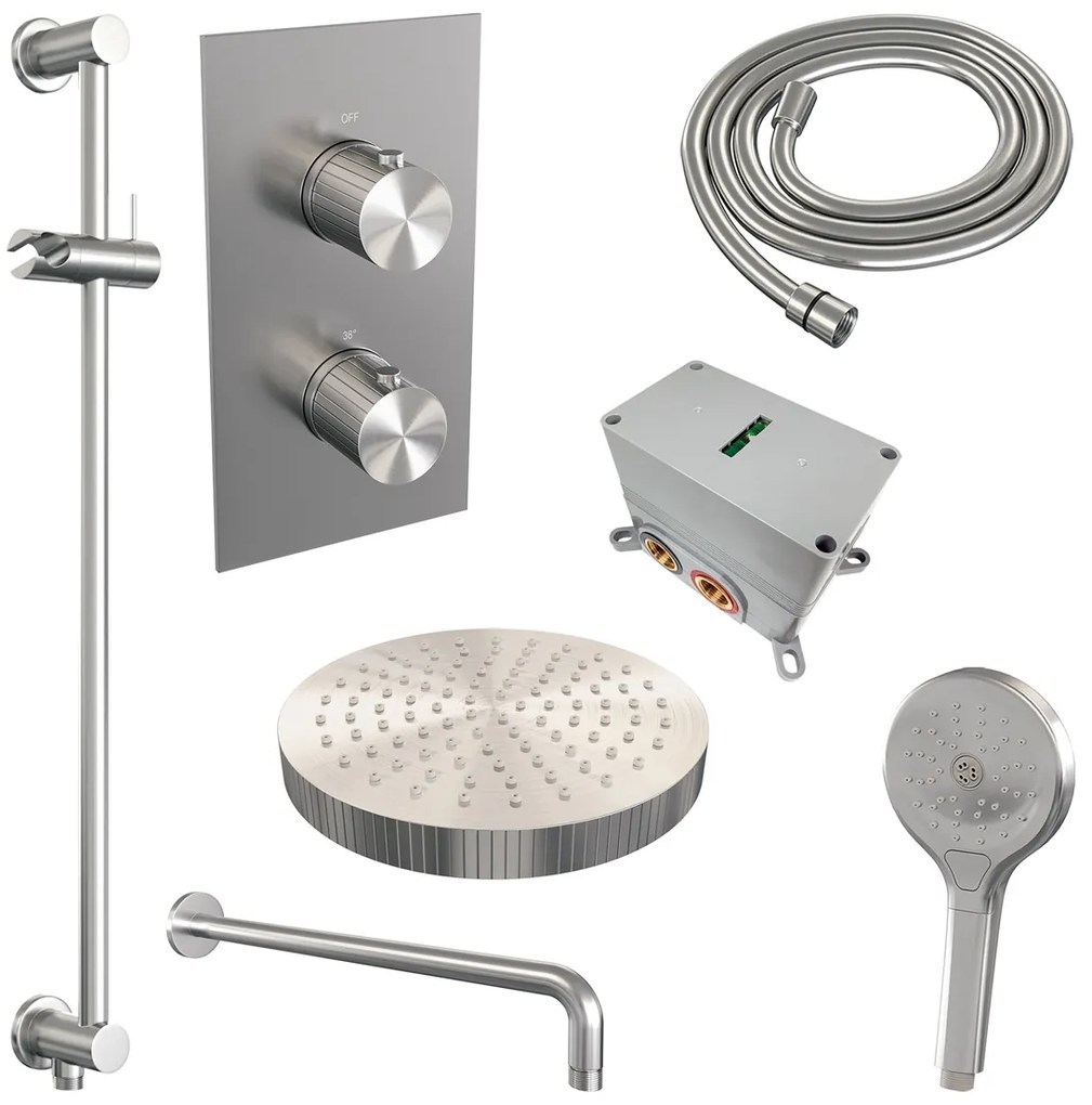 Brauer Stripe inbouw regendouche met 25cm hoofddouche, met gebogen muurarm, glijstang en 3 standen handdouche set 23 RVS geborsteld PVD