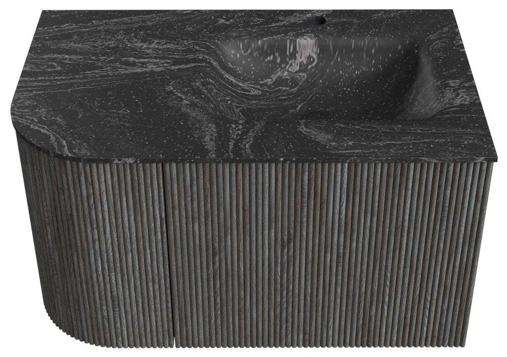 Mondiaz Kurve-dlux 75cm badmeubel ronding links shadow met 1 lade en deur en wastafel grunne kraangat rechts lava