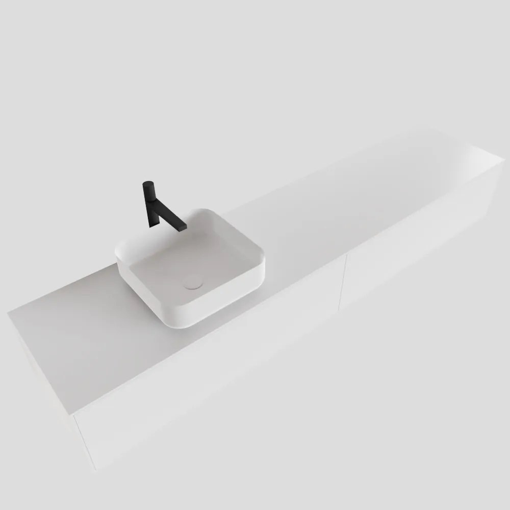 Zaro Lagom volledig naadloos solid surface onderkast met topblad 200cm mat wit met 2 lades Push tot open. Compleet met solid surface opzetkom met 1 kraangat(en)