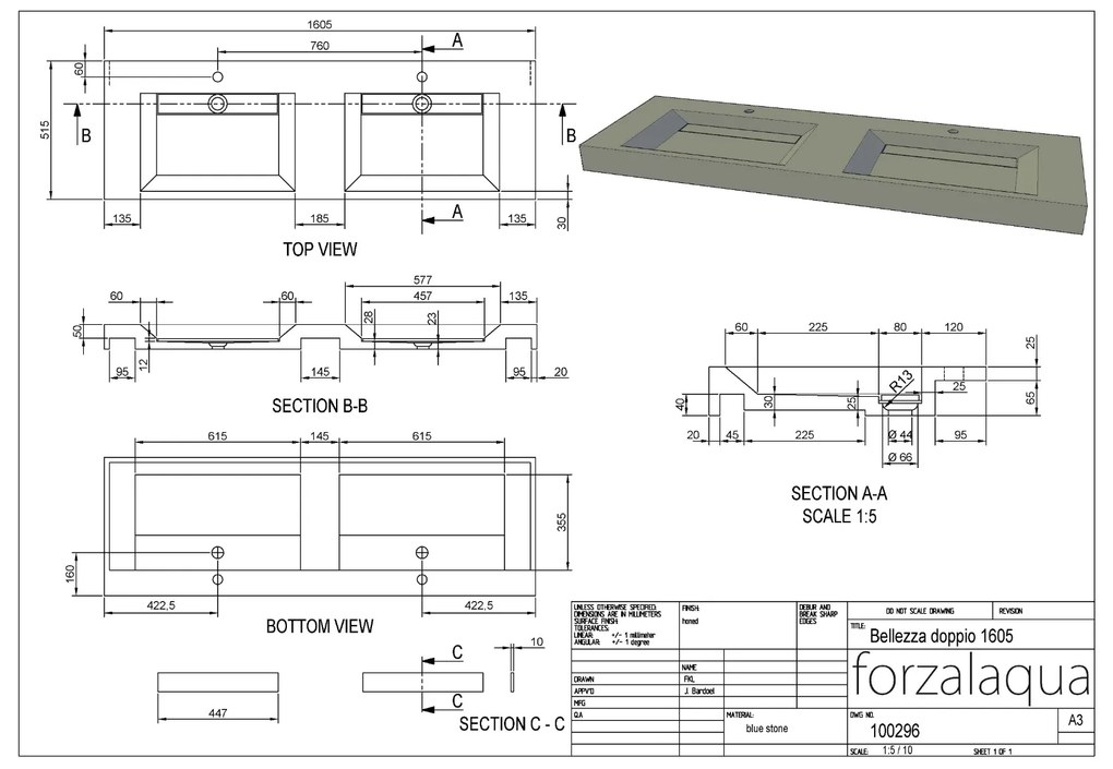 Forzalaqua Bellezza wastafel 160x50cm met 2 kraangaten carrara gepolijst