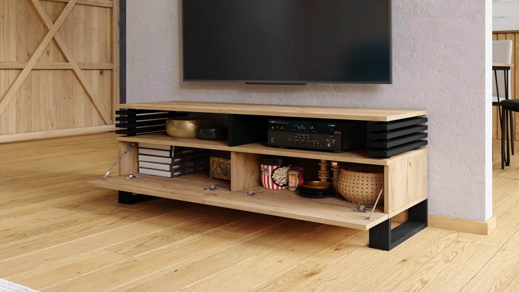 GOKEE RTV-145 Eiken Craft Goud/Zwart mat - MODERNE KAST VOOR ONDER DE TELEVISIE MET LAMELLEN