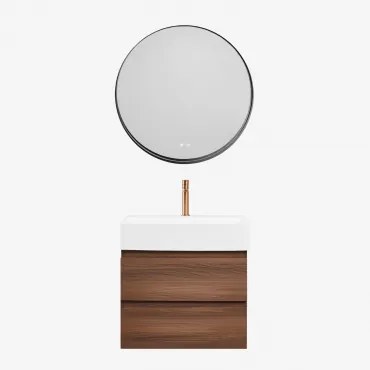 Badkamermeubelset Van Hout En Essenhoutfineer Met Geïntegreerde Wastafel Ona Donker Hout & Round Led And Antifog Zwart Ø80 Cm - Sklum