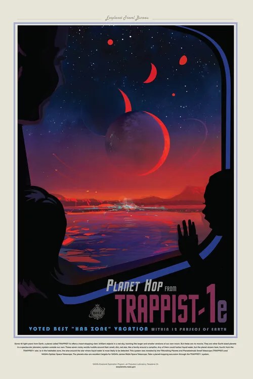 Kunstreproductie Trappist 1E (Planet & Moon Poster) - Space Series (NASA)