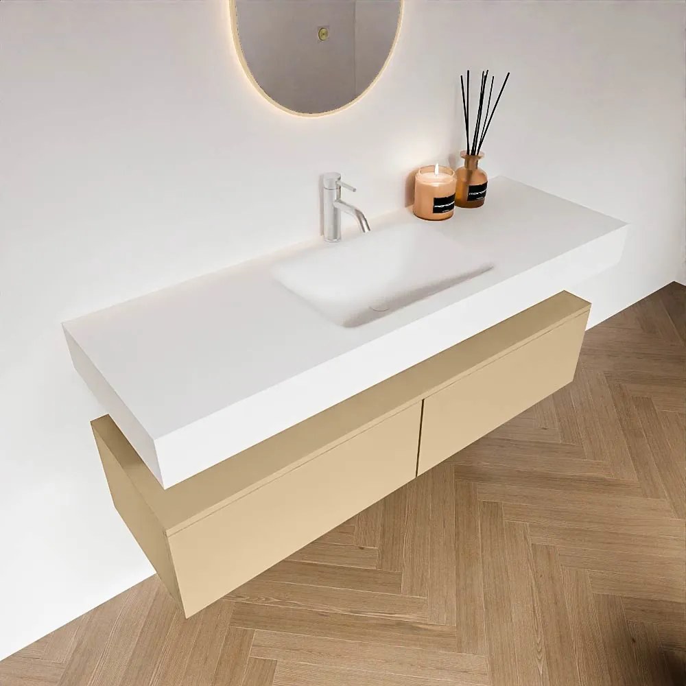 Zaro Alan badmeubel 140cm sand 2 lades met vrijhangende wastafel cloud midden 1 kraangat talc