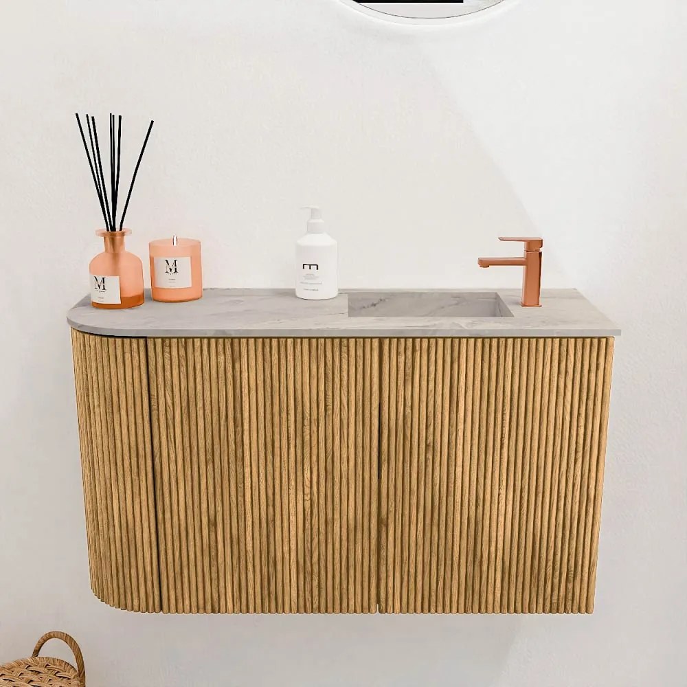 Mondiaz Joya DLux 70cm toiletmeubel ronding links oak met wastafel faye rechts 1 kraangat glace