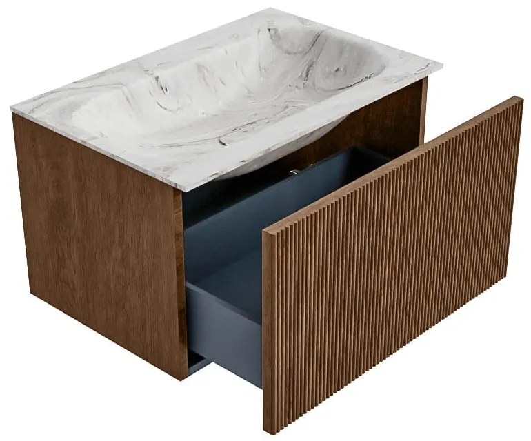 Mondiaz Kurve-dlux 70cm badmeubel walnut met 1 lade en wastafel big small midden 1 kraangat glace