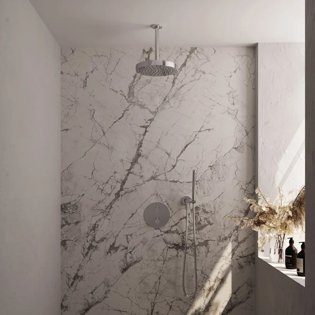 Brauer Stripe inbouw regendouche rond met 25cm hoofddouche, plafondarm en staafhanddouche set 39 chroom