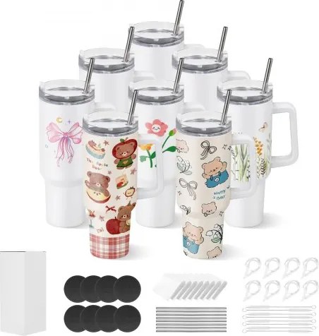 VEVOR Sublimatiebekers 8 stuks (1183 ml), roestvrijstalen sublimatiebekers met deksel, rietje en handvat, dubbelwandige geïsoleerde sublimatiebekers voor individuele doe-het-zelf-ontwerpen en cadeaus