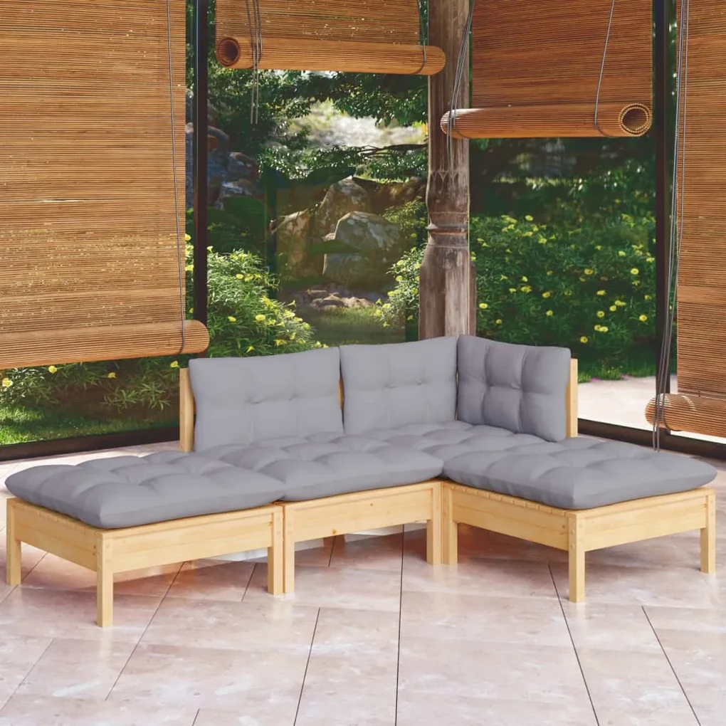 vidaXL 4-delige Loungeset met grijze kussens massief grenenhout