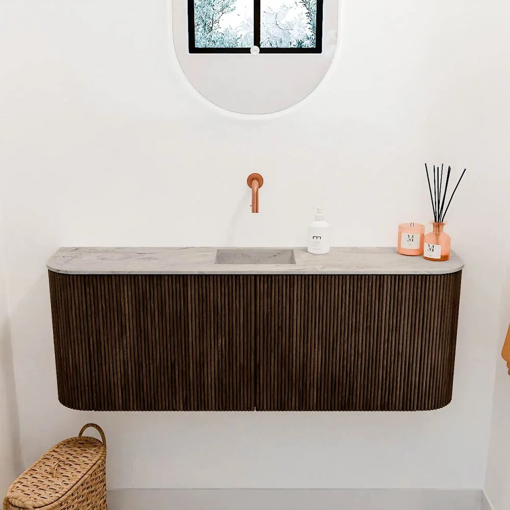 Mondiaz Joya DLux 115cm toiletmeubel ronding links/rechts walnut met wastafel faye midden zonder kraangat glace
