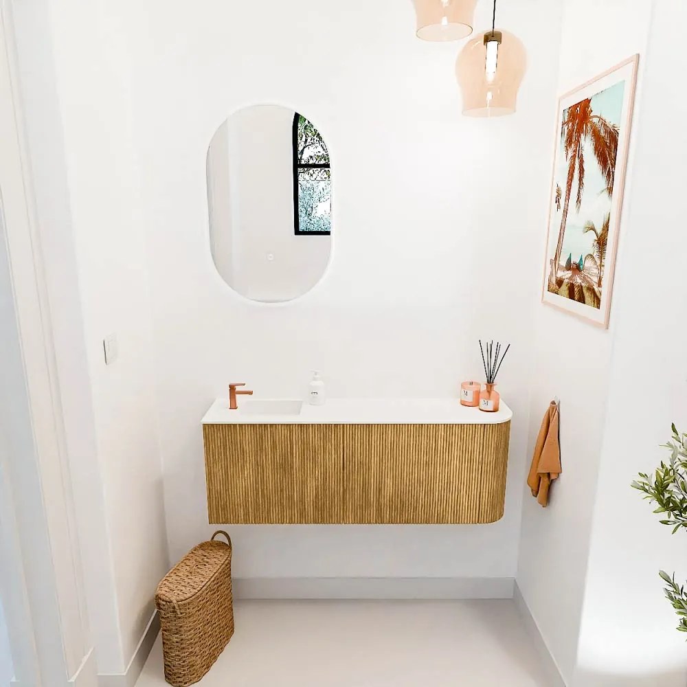 Mondiaz Joya 110cm toiletmeubel ronding rechts oak met wastafel faye links 1 kraangat talc