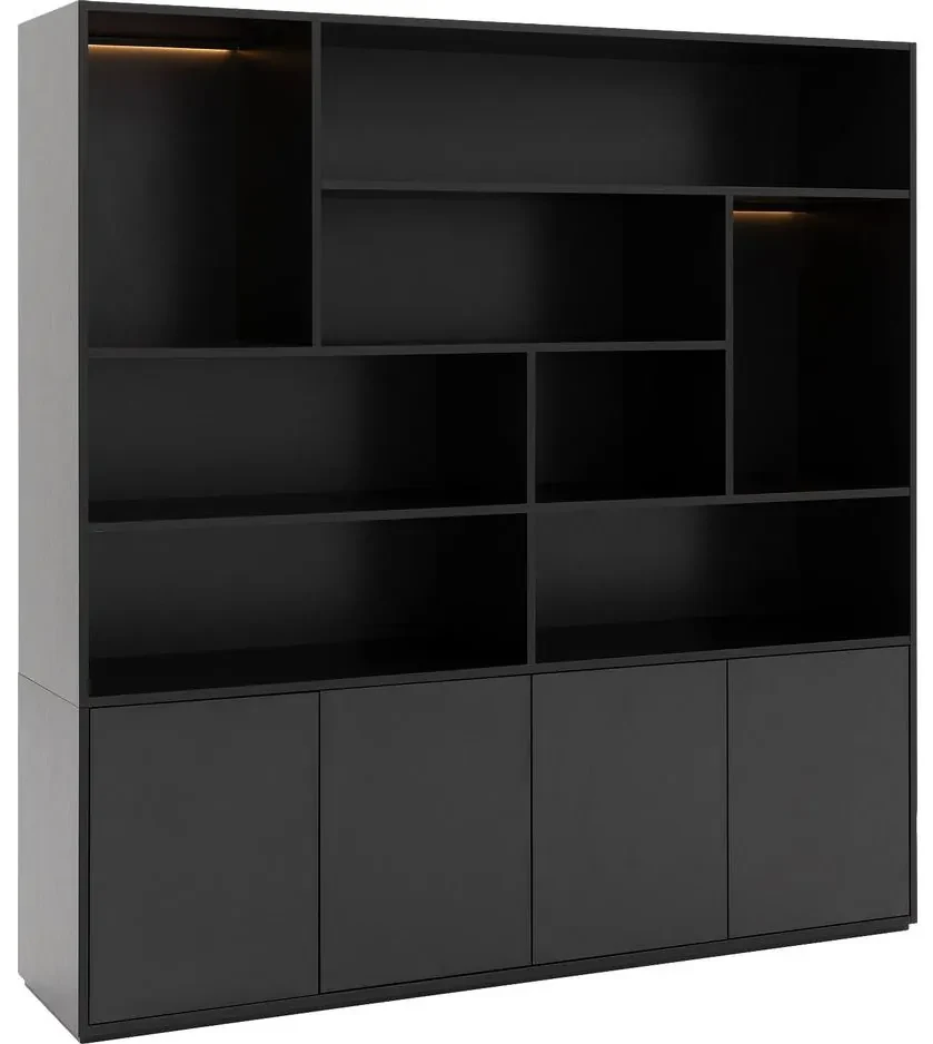 Goossens Basic Buffetkast Madrid, 4 dichte deuren 8 open vakken, zwart melamine, 184 x 191 x 45 cm, elegant chic