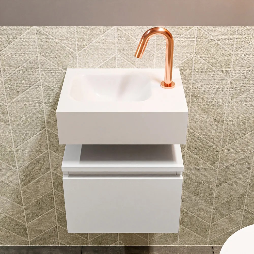 Mondiaz Andor toiletmeubel 40cm mat wit met witte wastafel links met kraangat