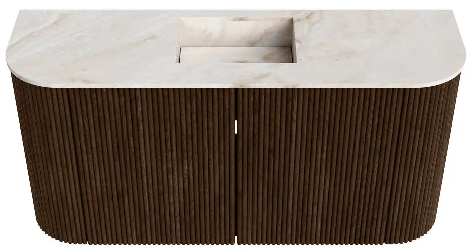 Mondiaz Joya DLux 85cm toiletmeubel ronding links/rechts walnut met wastafel faye midden 1 kraangat frappe