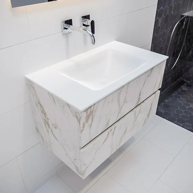 MONDIAZ VICA Badkamermeubelset - 80cm - 2 lades - wasbak Cloud midden - 0 kraangaten - solid surface carrara marmer PC75341582