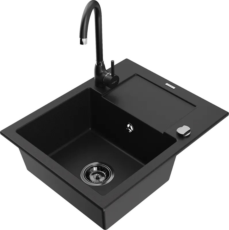 Mexen Enzo granieten spoelbak 1-komers met afdruiprek en keukenmengkraan Telma, zwart - 6506-77-670200-70-B
