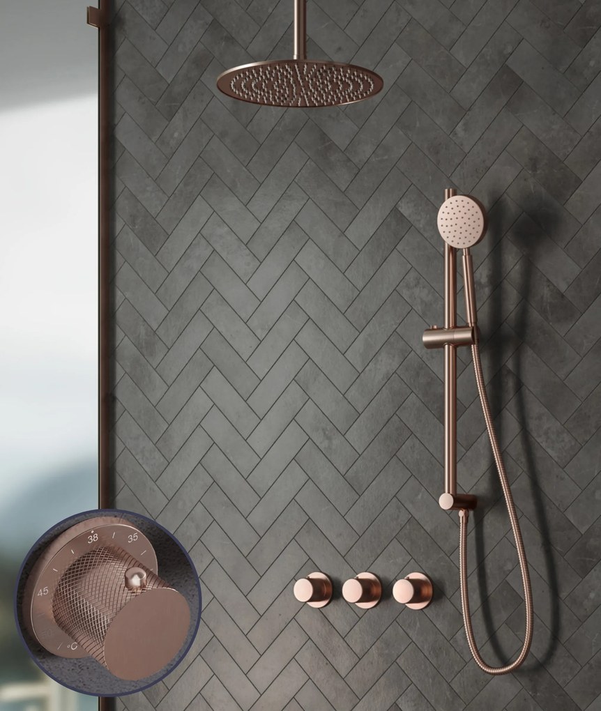 Saniclear Plus Curved inbouw regendouche met 30cm hoofddouche, plafondarm en glijstang geborsteld koper