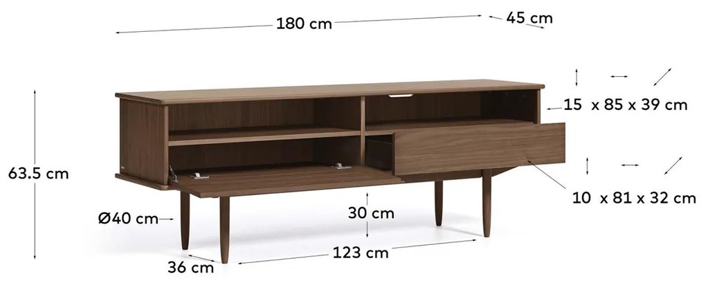 Kave Home Carolin Walnoot Tv-meubel Vintage Retro Design - 180x45x63.5cm.