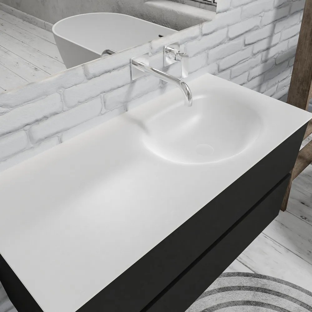 Zaro Sevilla Solid Surface badmeubel 100cm mat zwart geen kraangat met 2 lades spoelbak rechts