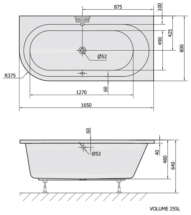 Polysan Astra asymmetrisch bad rechts 165x80x48cm wit